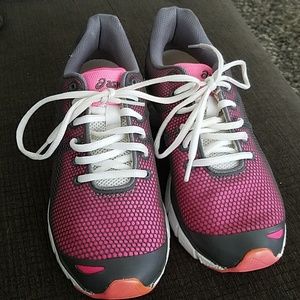 Bright pink asics running shoes